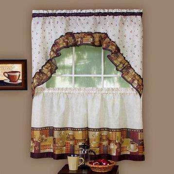 Coffee, Printed Tier and Swag Window Curtain Set, 57"x36", Multi