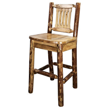 Montana Log Wood Barstool With Back In Stained And Lacquered MWGCBSWNR