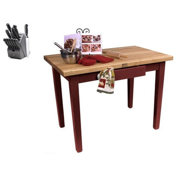 John Boos Maple Classic Country Table 48x25 and Henckels Knife Set, Barn Red, No Shelf, No Drawer, Casters