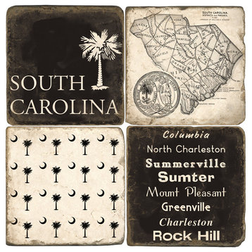 Tumbled Marble Coasters Set/4 With Stand South Carolina