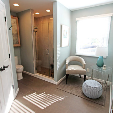 Transitional Masterbath with large sink, custom tiled shower and sitting area