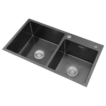 Stainless Steel Kitchen Sink Double Bowls Drop-In Sink with Drain and Overflow, Black