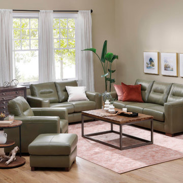 Mid-Century Leather Sofa in Olive Green – Stylish Seating for Small Spaces