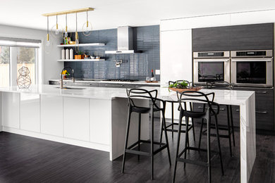Example of a large minimalist l-shaped dark wood floor kitchen design in Other with an undermount sink, flat-panel cabinets, white cabinets, quartz countertops and an island