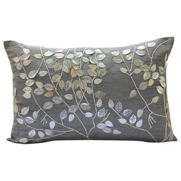 Pearl Leaf Magic, 12"x18" Art Silk Silver Lumbar Pillow Cover