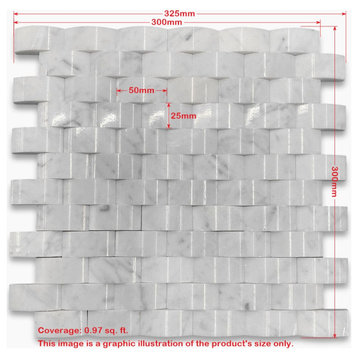 Carrara Marble 3D Cambered 1x2 Arched Mosaic Tile Honed Venato Carrera, 1 sheet