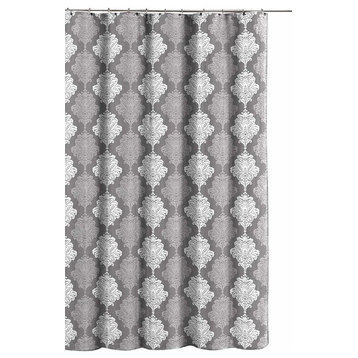 Gray White Fabric Shower Curtain: Contemporary Floral Damask Design