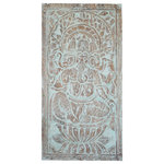 Mogul Interior - Consigned Zen Ganesha Wall Sculpture Carved Wood Blue Hues Custom Door - handcarved in india from reclaimed wood, Tranquil Ganesha Wall Sculpture, Ganesh Seated on Lotus, Blue Hues Sliding Door, Custom Barn Door, Hallway Decor 72x36,Immerse your home in a tranquil divine aura with our Ganesha Wall Hanging, featuring the serene carving of Ganesh seated gracefully on a lotus. The ethereal charm of this wall sculpture creates a harmonious atmosphere, infusing your space with spiritual tranquility.