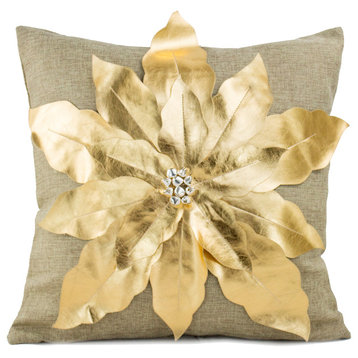 Holiday 3D Poinsettia Christmas Decorative Throw Pillow, 17"x17", Gold