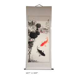Chinese Double Koi Fishes Pond Scenery Scroll Painting - Artwork