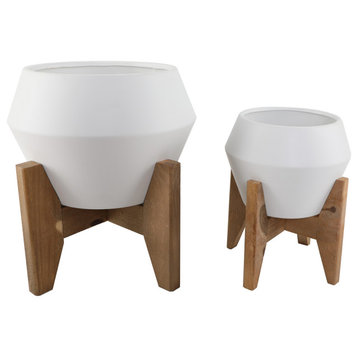 10" & 8"Openning Ceramic Plant Pot On Wood Stand,Set Of 22
