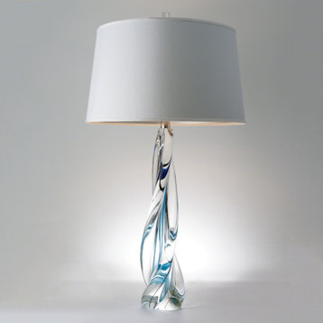 Twisted Art Glass Blue Clear Table Lamp  White Silk Shade Modern Sculpture