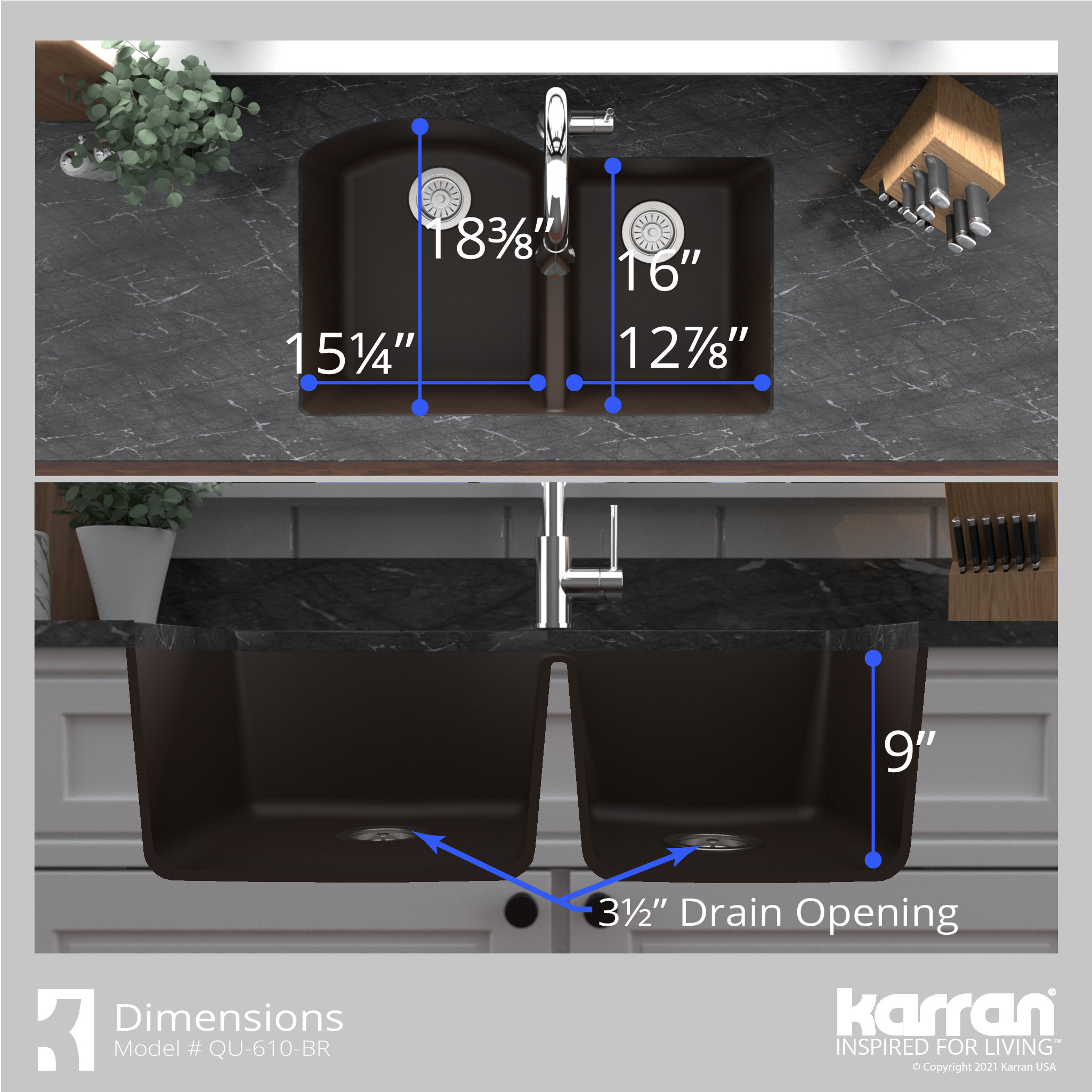 Karran Undermount Quartz 32" 60/40 Double Bowl Kitchen Sink, Brown