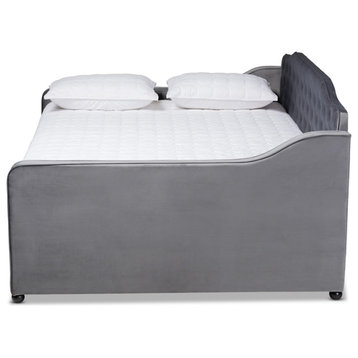 Transitional Grey Velvet Fabric Upholstered Button Tufted Queen Size Daybed