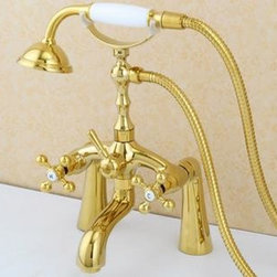 Brass Golden Printed Double Handles Bridge Bathtub Faucet with Hand Shower FTB42 - Bathtub Faucets