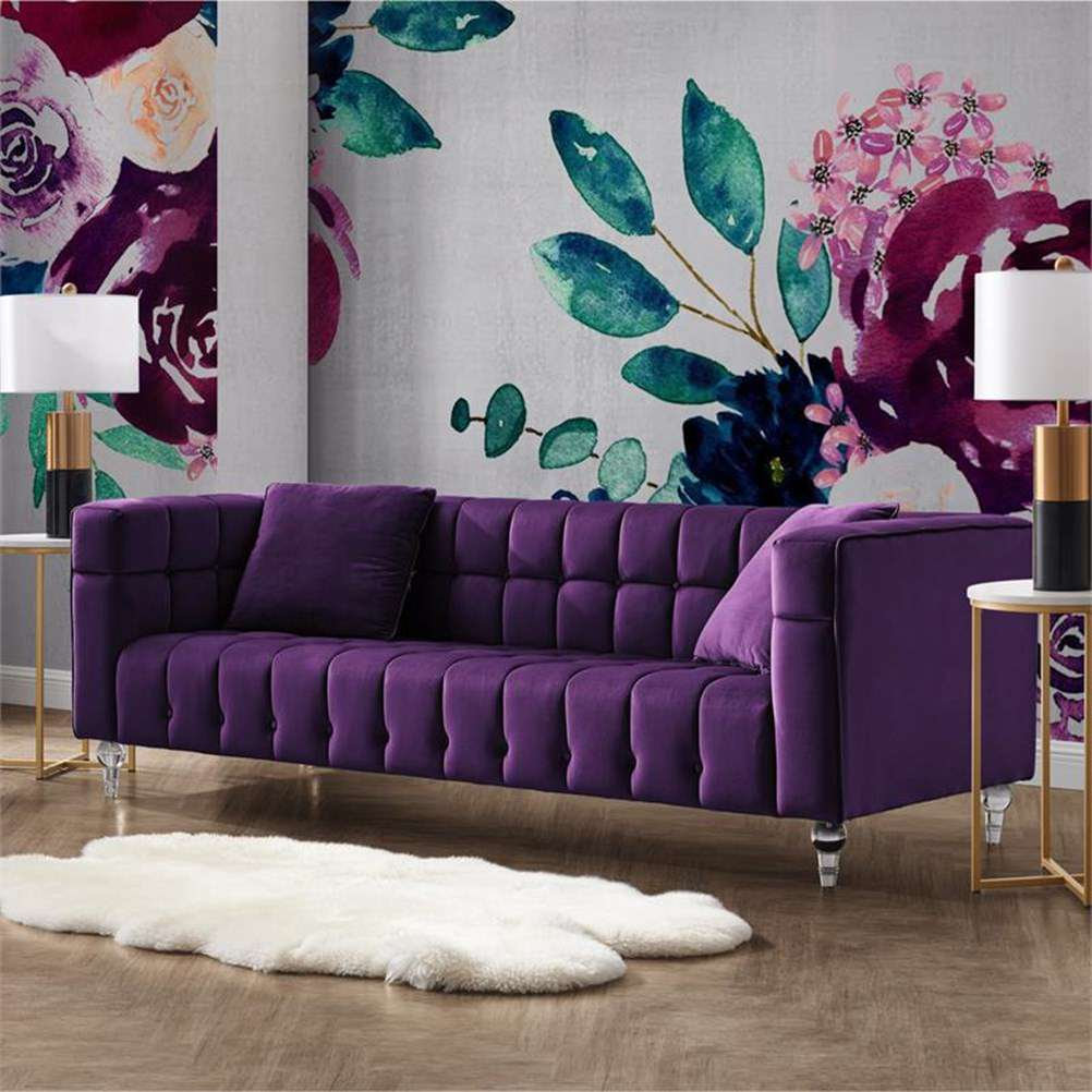 Pemberly Row Sofa Purple Velvet Biscuit Tufted Lucite Leg Sinuous Springs - Eclectic - Sofas ...