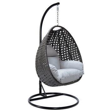 LeisureMod Charcoal Wicker Hanging Egg Chair With Stand & Cushion, Light Grey
