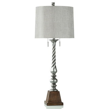 India Silver and Brown Pedestal Table Lamp, Silver Swirl, Double Pull Chain