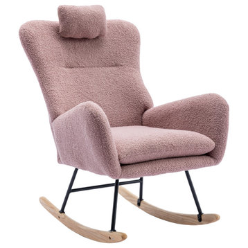 TATEUS 35.5" Rocking Chair, Soft Teddy Velvet Fabric Rocking Chair, Pink