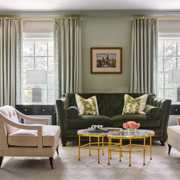 High gloss walls in a European-inspired bedroom sitting area