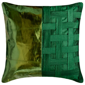 Green Faux Leather and Silk Patchwork 26"x26" Throw Pillow Cover Green N Half