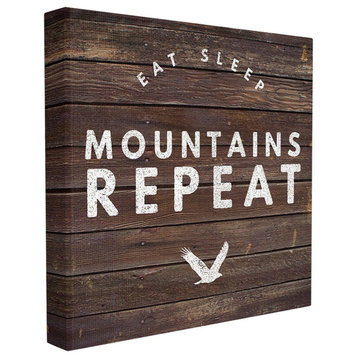 Dark Wood Planked Look Eat Sleep Mountains Repeat Typography Canvas, 17"x17"