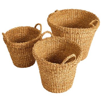 Set of 3 Woven Sea Grass Storage Baskets Tapered 18 16 14 in Natural Spa Towel