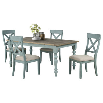 5 Pcs Dining Set, Pine Wood Construction, Large Table & Cushioned Chairs, Blue