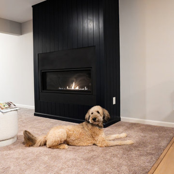Bold Basement Finish — Linear Gas Fireplace, Wet Bar & Cafe Appliance Suite
