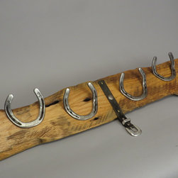 #R15075 Coat Rack Reclaimed Box Elder, horseshoes, leather. $93 - Wall Hooks