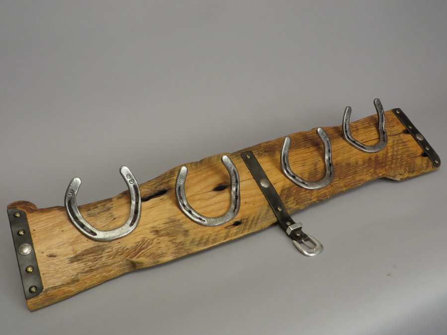 #R15075 Coat Rack Reclaimed Box Elder, horseshoes, leather. $93