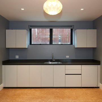 Streamlined Lower-Level Kitchenette with Contrasting Finishes