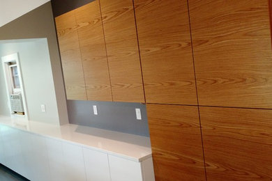 Inspiration for a contemporary kitchen remodel in Cleveland with flat-panel cabinets, white cabinets, quartz countertops, stainless steel appliances and an island