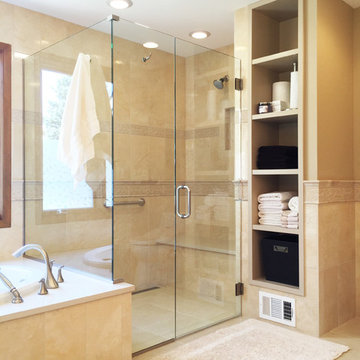 Framless Glass enclosing a Curbless shower with a linear drain