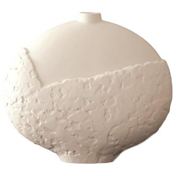 Rustic Modern Rough Textured Flat Round Vase 11" Minimalist White Angular