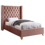 Meridian Furniture - Barolo Velvet Upholstered Bed, Pink, Twin - Elegant and eye-catching, the stunning Barolo Bed from Meridian Furniture is the perfect addition to any bedroom. Rich velvet covers the deep tufted design. A beautiful wing bed design is complimented by hand applied gold nail head details. Strength and beauty is guaranteed with a solid wood frame and stainless steel legs.
