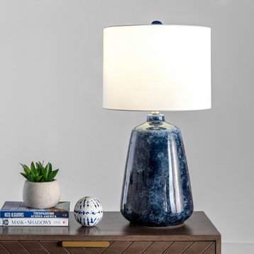 Ceramic Linen Shade On-Off Switch Table Lamp, Navy