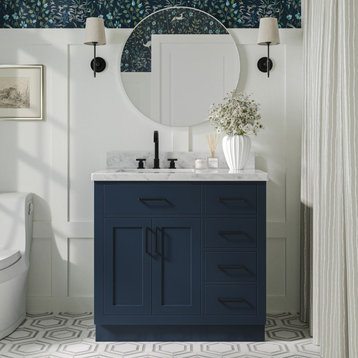 Ariel Hepburn 37" Left Rectangle Sink Vanity, Midnight Blue, 1.5" Carrara Marble