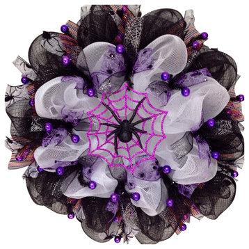 Glittering Purple Spider Web Halloween Handmade Deco Mesh Wreath