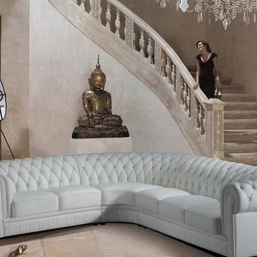 White Tufted Bonded Leather Sectional Sofas with a Roll Back