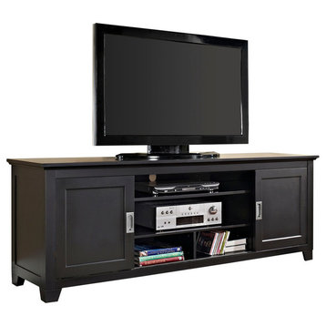 70" Wood TV Stand With Sliding Doors, Black