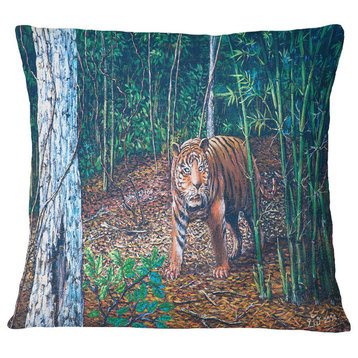 Wandering Tiger in Forest Animal Throw Pillow, 18"x18"