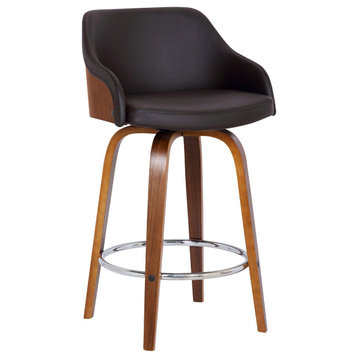 Alec Contemporary 26" Counter Height�Swivel Barstool in Walnut Wood Finish and B