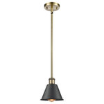 INNOVATIONS LIGHTING - Innovations 516-1S-AB-M8-BK 1-Light Mini Pendant, Antique Brass - Innovations 516-1S-AB-M8-BK 1-Light Mini Pendant Antique Brass. Collection: Ballston. Style: Industrial, Farmhouse, Restoration-Vintage. Metal Finish: Antique Brass. Metal Finish (Shade): Matte Black. Metal Finish (Canopy/Backplate): Antique Brass. Material: Steel, Cast Brass. Dimension(in): 7. 5(H) x 7(W) x 7(Dia). Min/Max Height (Fixture Height with Cord or Included Stems and Canopy)(in): 17. 75/41. 75. Bulb: (1)60W Medium Base,Dimmable(Not Included). Maximum Wattage Per Socket: 100. Voltage: 120. Color Temperature (Kelvin): 2200. CRI: 99. 9. Lumens: 220. Glass or Metal Shade Color: Matte Black. Shade Material: Metal. Shade Shape: Cone. Metal Shade Description: Matte Black Smithfield. Shade Dimension(in): 6. 5(W) x 4. 5(H). Fitter Measurement (Glass Or Metal Shade Fitter Size): Neckless with a 2. 125 inch Hole. Canopy Dimension(in): 4. 5(Dia) x 0. 75(H). Sloped Ceiling Compatible: Yes. California Proposition 65 Warning Required: Yes. UL and ETL Certification: Damp Location.
