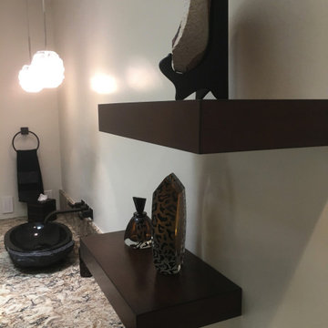 Custom handcrafted wood bathroom vanity dark wood stain, floating shelves