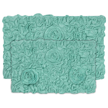 Bell Flower Collection 100% Cotton Tufted Bath Rugs, 2 Piece Set(M+L), Turquoise