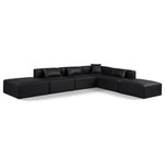 Meridian Furniture - Cube Upholstered Modular Sectional, Black, 6-Piece: 3 Armless Chair, 1 Corner Chair, 2 Ottoman, Vegan Leather - Elevate your space with the luxurious Cube Vegan Leather Modular Sectional. This modular sectional exudes modern elegance, charm, and comfort making it a perfect addition to any contemporary living space. Its clean lines and cube shape are reminiscent of minimalist design, while the plush black vegan leather upholstery adds a touch of luxury and sophistication. The chair's versatile construction and geometric aesthetic seamlessly integrate into various design styles, from sleek living rooms to chic home offices, embodying the essence of modern design and creating a sense of order and tranquility in your space.