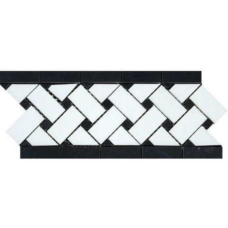 Thassos White Marble Honed Basketweave Border Listello w / Black Dots