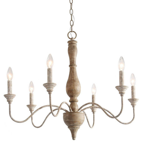 LNC 6-Light Handmade Distressed Off White Wood Candle-Farmhouse Chandelier