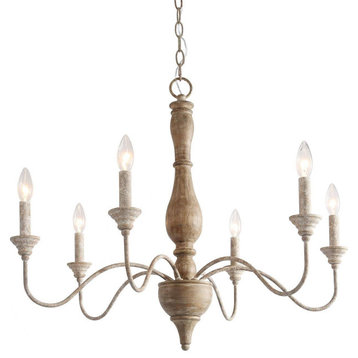 LNC 6-Light Handmade Distressed Off White Wood Candle-Farmhouse Chandelier